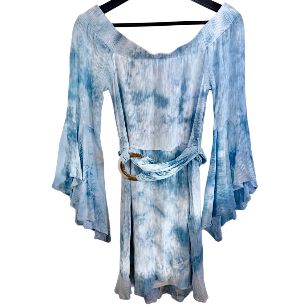 VENUS Sky Blue Tie Dye Bell Sleeve Belted Boho Mini Off Shoulder Rayon Size 6 - Picture 13 of 17